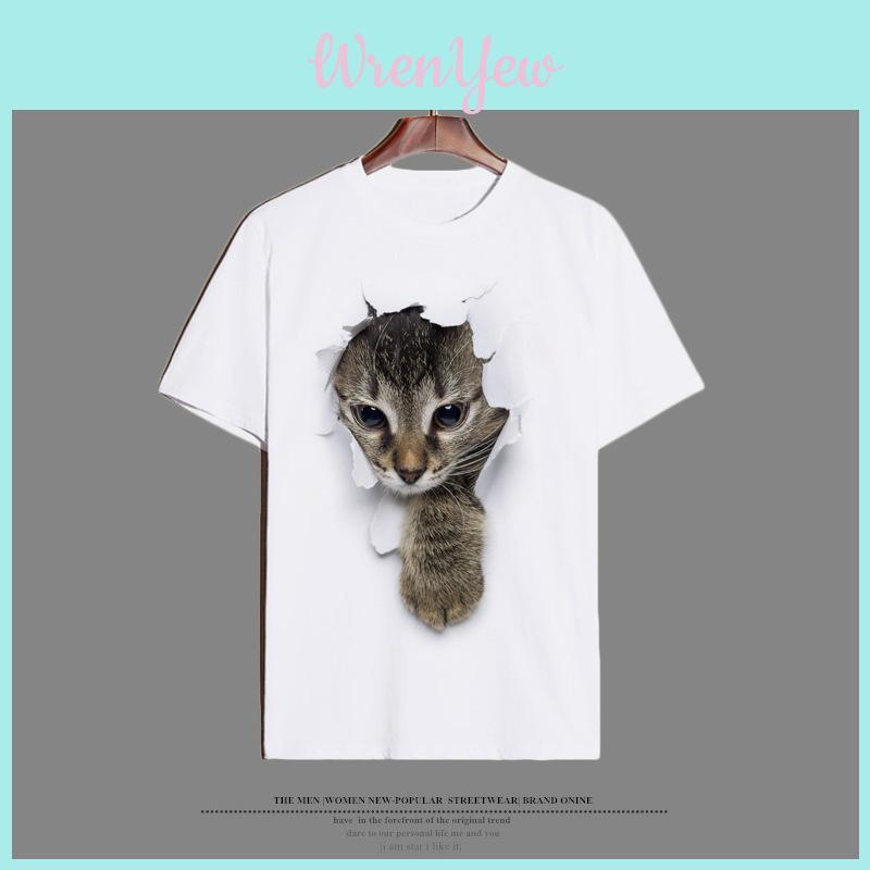 Bella T-shirt con Stampa di Gatto, Vestibilità Aderente e Decorazione con Uovo di Legno di Pasqua