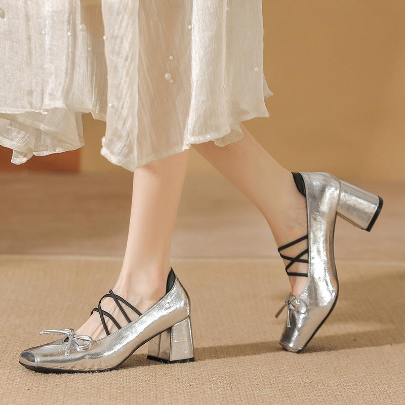 French Retro Color Matching Square Head Thick Heel Mary Jane Shoes Female High Heel Fairy Ballet Shoes Cross Strap Silver Single Shoes