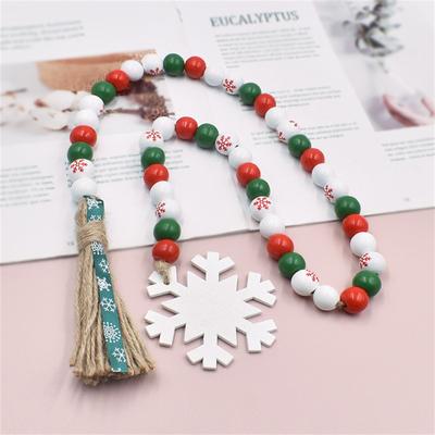 Guirlanda de contas de madeira de floco de neve de Natal com borlas, bandeja rústica em camadas de casa de fazenda, decorações de feriado, contas de madeira vermelhas, verdes e brancas