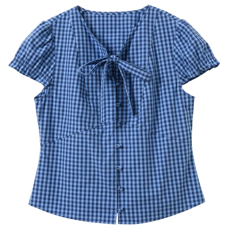 Sancai Retro Plaid V-Neck Puff Sleeve Blouse M
