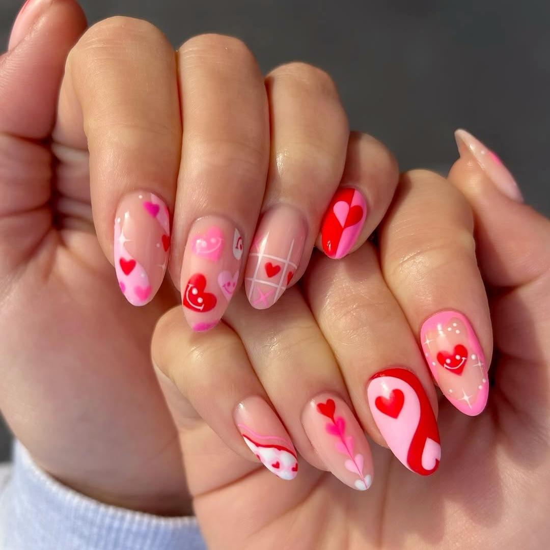 

24PCS Sweet Pink Almond Press on Nails Valentine s Cute Heart Star Bow French Fake Nails Ins Style Cherry Lips False Nails Tools