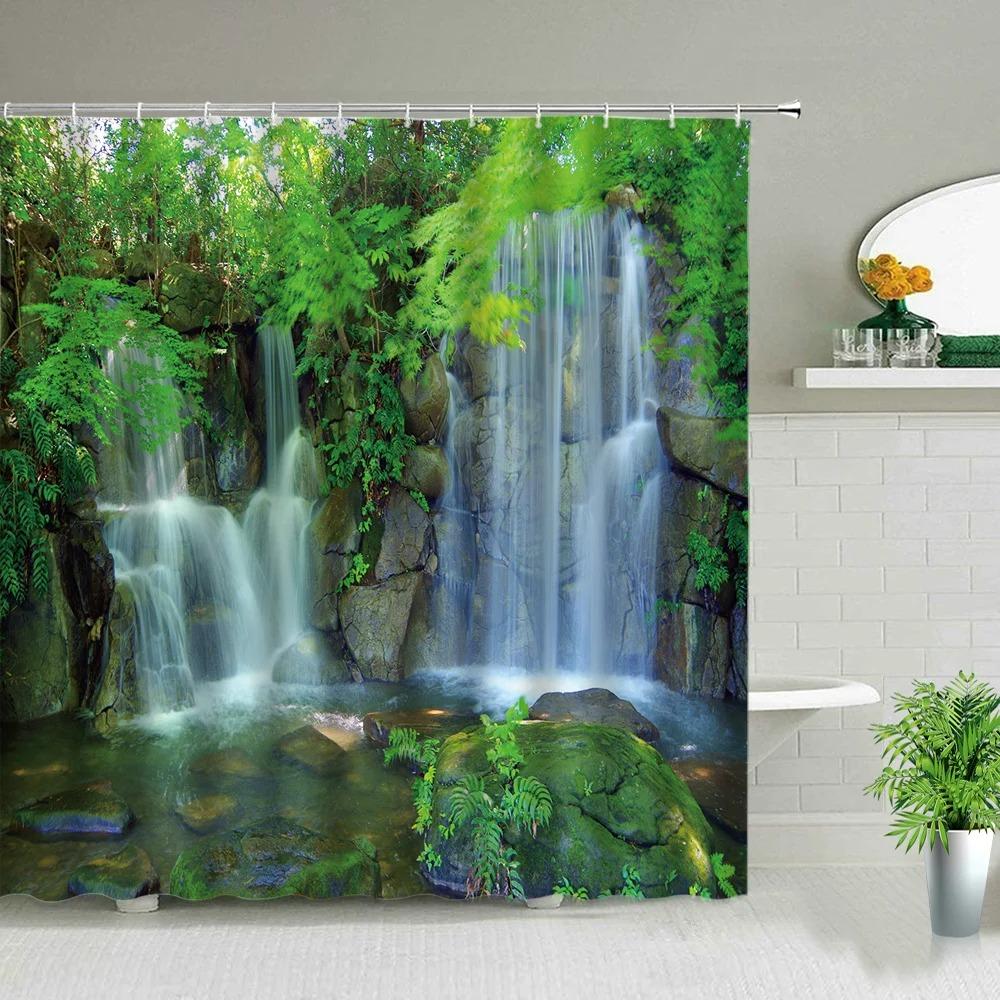 Rideaux de douche Paysage Forestier Plantes Tropicales Vertes Arbre de Palmier Fleurs Feuilles Jardin Scenery Naturelle Rideau de Bain Décor de Salle de Bain