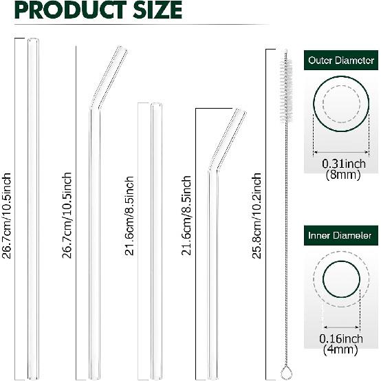 12 Pcs Reble Glass Straws - Size 10.5"x8mm,8.5"x8mm,Including 6 Straight and 6 Bent Clear Glass Straws with 2 Cleaning Brush for for Smoothies,