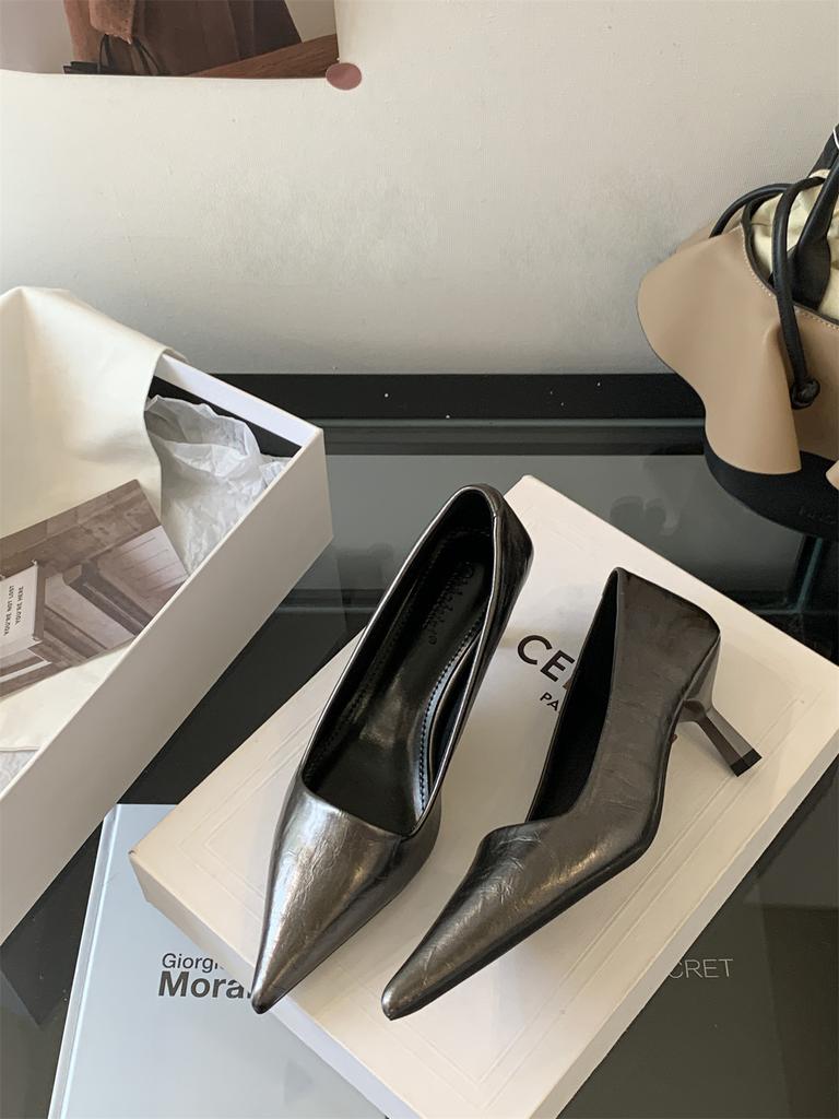 Temperament Socialite Black Single Shoes Women's Spring and Summer 2025 New Pointed Thin Heels Retro Commuter Shallow High Heels