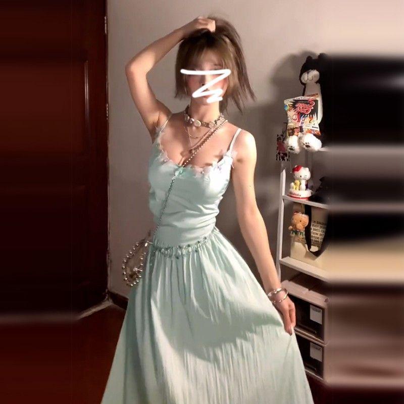 Green Spaghetti Strap Backless A-Line Summer Dress with Cinched Waist  