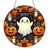 2D Flat, 1pc Vintage Metal Spooky Halloween Wall Sign - Round Aluminum Wall Hanging Decor with Ghosts, Pumpkins, Bats & Cobwebs - Featherless