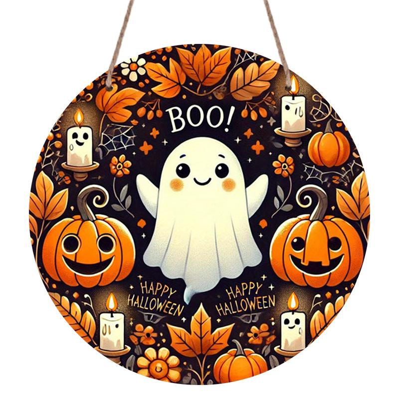 2D Flat, 1pc Vintage Metal Spooky Halloween Wall Sign - Round Aluminum Wall Hanging Decor with Ghosts, Pumpkins, Bats & Cobwebs - Featherless