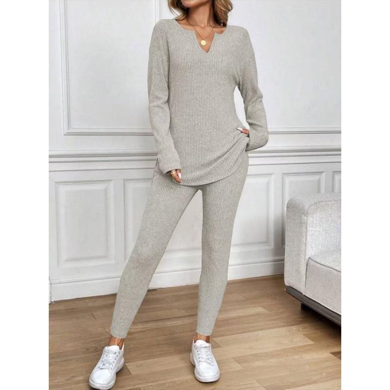 Women V Neck Long Sleeve Thin Casual Two Piece Loungewear Set With Long Pants