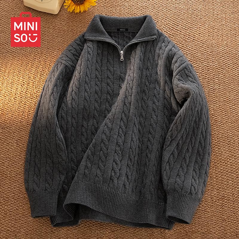 MINISO Men's Cable Knit Half-Zip Stand-Collar Sweater