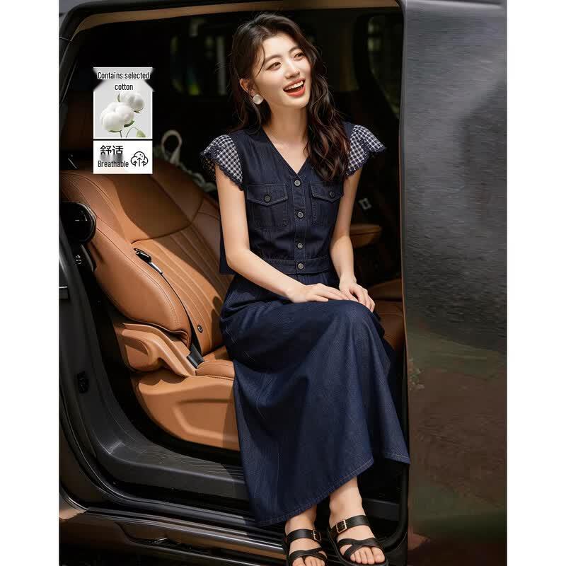 Demana Summer Retro V-Neck Cloud-Cotton Denim Dress XL