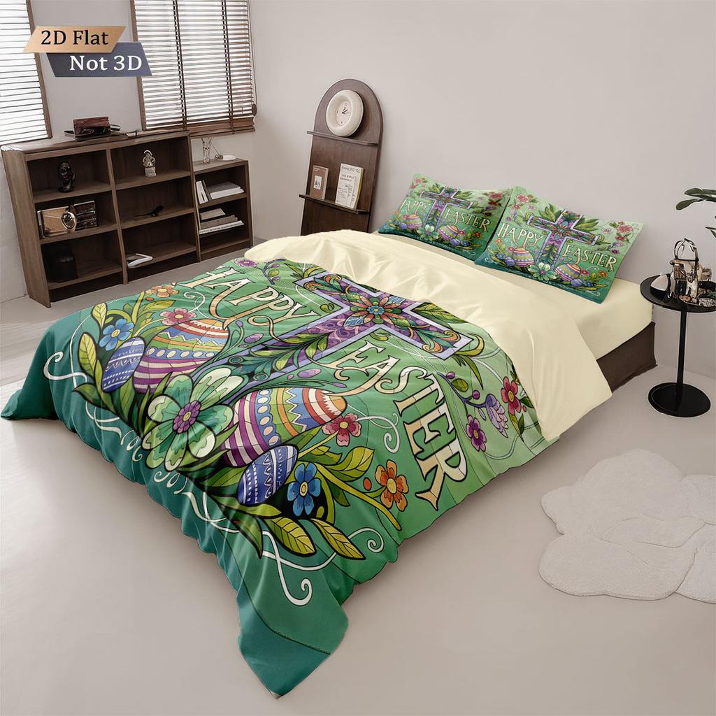 3pcs Easter Happy Cross Green Printed Core free Down Duvet Cover Set Comfortable Bedroom Bedding Decoration Machine Washable