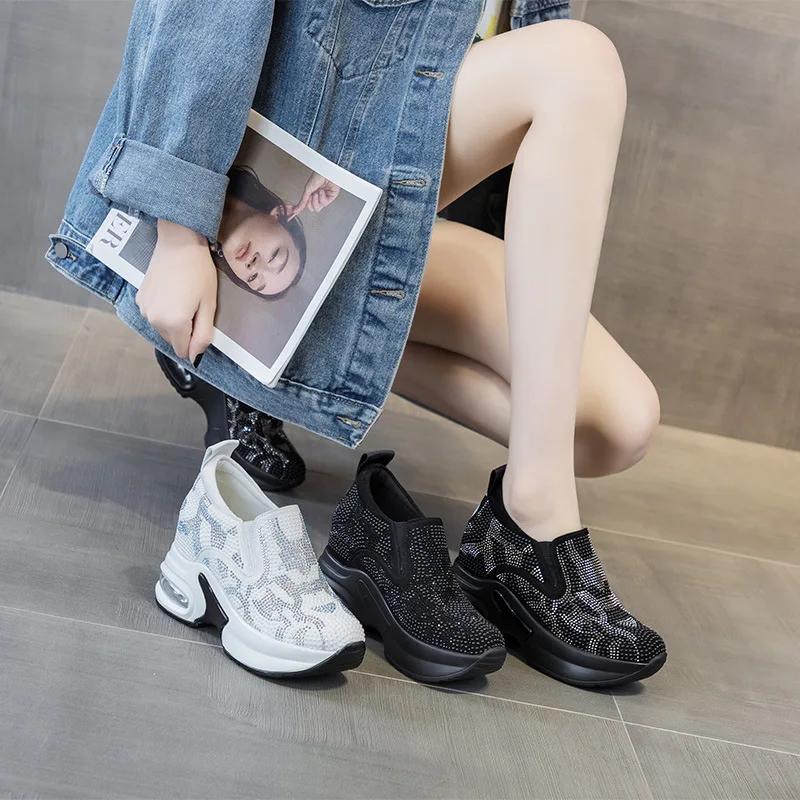 Fashion 9cm Women's Shoes 2024 Spring and Summer New Leisure Increase Small White Shoes Rhinestone Thick Sole Sports Air Cushion Shoes
