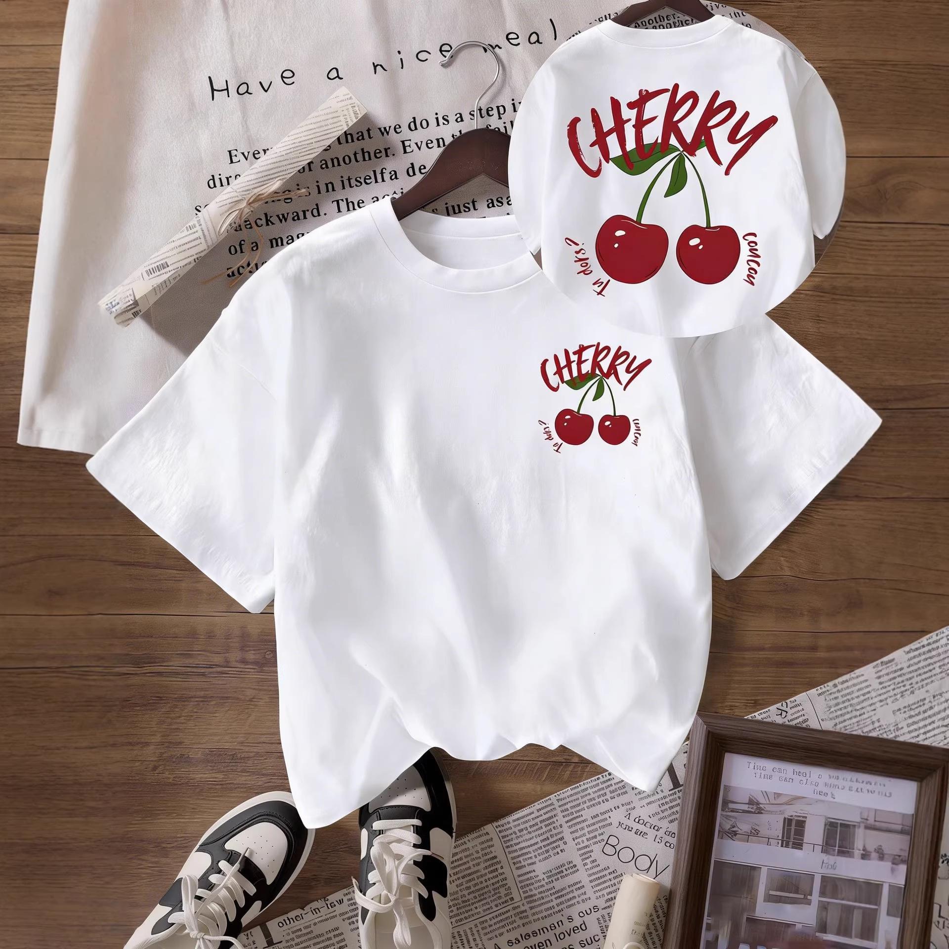 

Женская свободная футболка с круглым вырезом и принтом вишни, весна/лето 2026 M белый