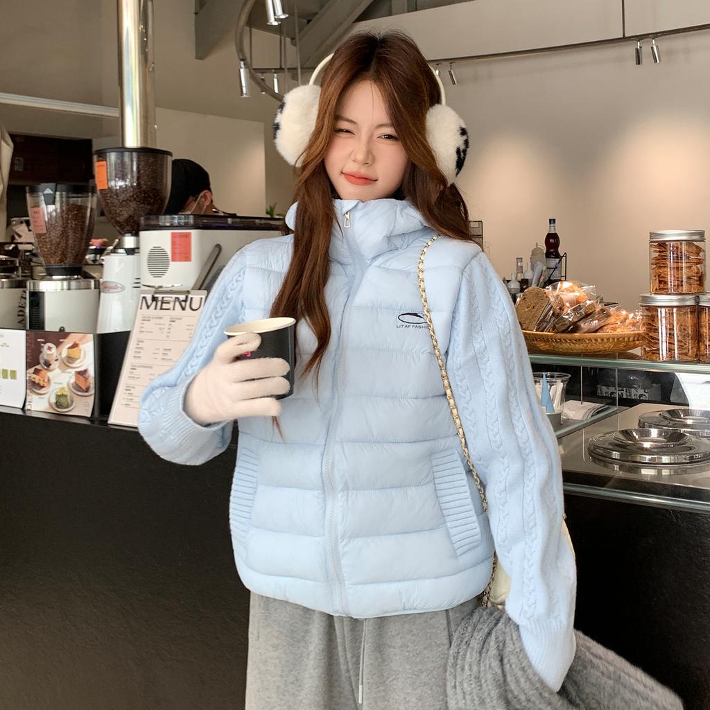 Short cotton-padded clothes women's autumn and winter new knitted sleeves splicing ribs light cotton-padded clothes small cotton-padded jackets