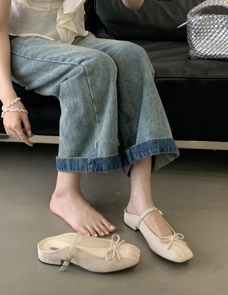 2025 Summer New Suede Bright Pleated Bow Square Head Soft Bottom Thick Heel Bag Head Slippers