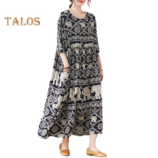 Boho Elephant Floral Print Maxi Dress for Women Oversized Cotton Linen Long Dress Casual Short Sleeve Beach Sundress