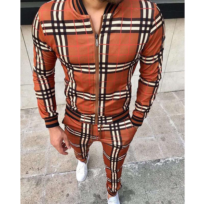 Autumn Men's Casual Plaid Sport Suit: Zip-Up Jacket & Long Pants Two-Piece Set