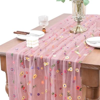 Heimdeko Vintage Stickerei Gänseblümchen Tischläufer Boho Elegant Tüll Tischläufer Lang Halbtransparent Floral Tischdecke Party