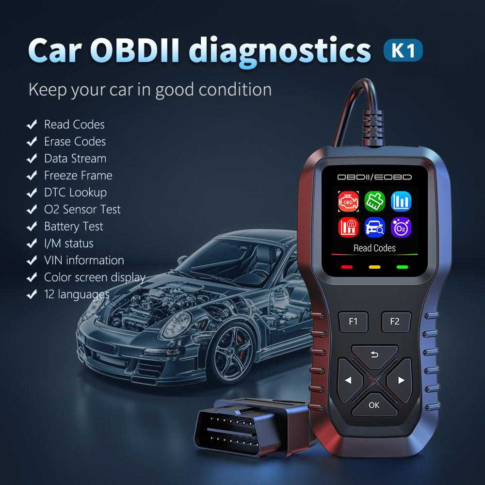 DTC Lookup K1 12 languages O2 Sensor Test Data Stream Car Diagnostic Tool Color screen display With Read Codes Erase Codes