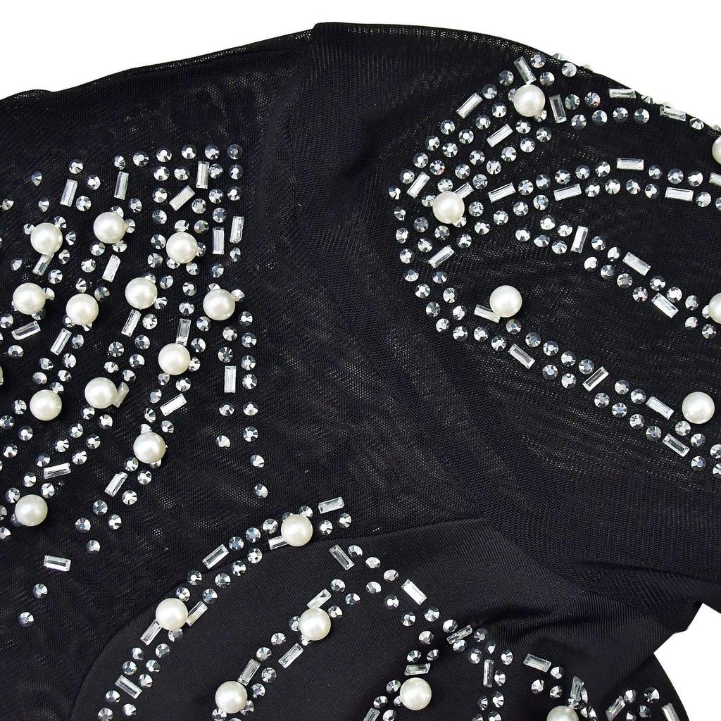 European & American Fashion Women's Solid Color Mesh Long Sleeve Mini Dress with Hot Drilling.