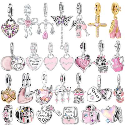 925 Silver Pink Love Butterfly Cherry Blossom Pendant Beads for DIY Necklaces Bracelets Women Jewelry Gifts