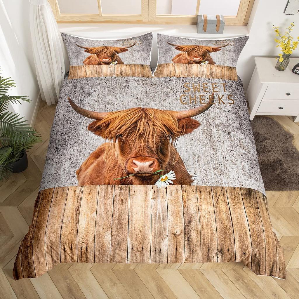 Kuh Bettbezug Set Twin King Size Bauernhoftier Bettwäsche Set Grüner Rankenblätter Druck Bettdeckenbezug Rustikale Holzbrett Steppdecke