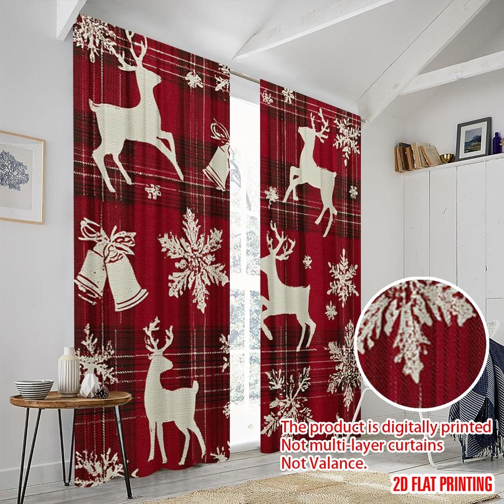 2pcs,2D Plane Printing Popular Curtains Christmas Elk Bell Durable Polyester (without Rod) Decorations For Home Use for Bedroom,