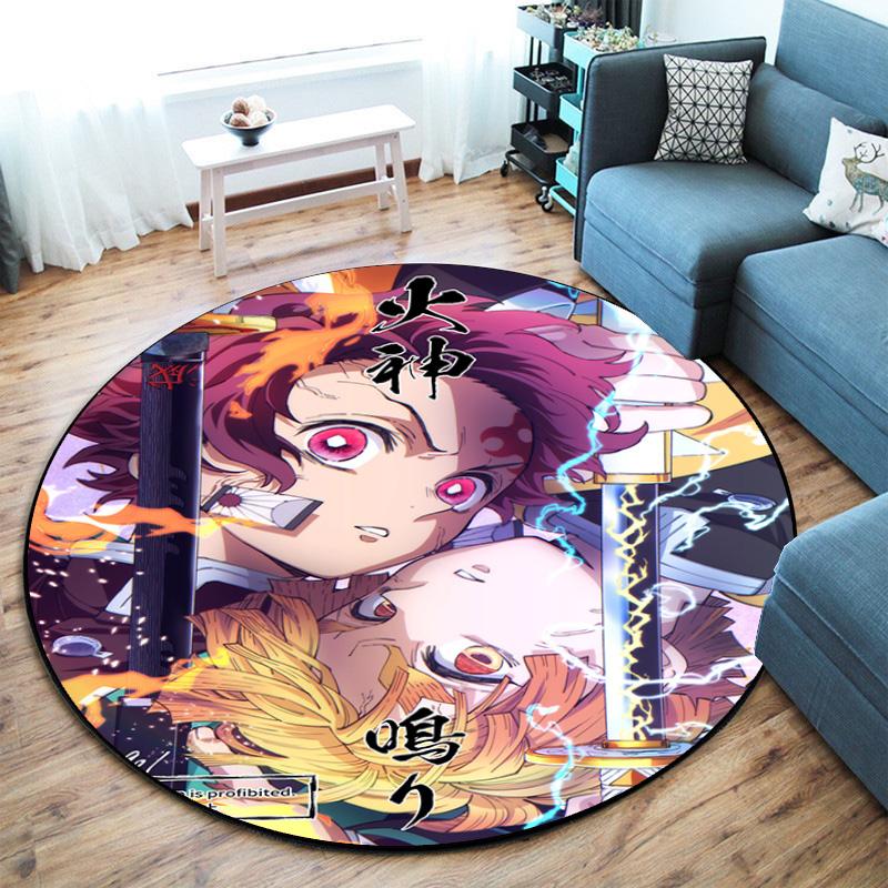 Classic Japanese-style Cartoon Demon Slayer Round Rug, Home Soft Decorative Anti-slip Yoga Mat and Chair Mat, Outdoor Floor Mat Carpet K10