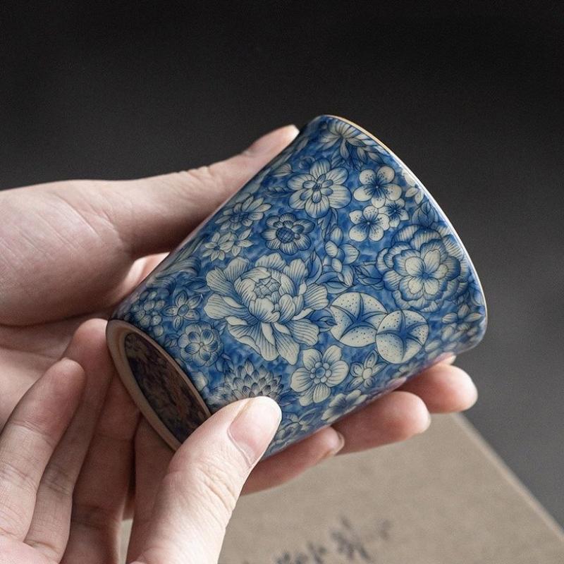 Antique Blue White Ceramic Teacup - Ru Kiln Crackle Glaze, Kung Fu Tea Set, Seasonable Single Cup for Tea Lovers, Personal Use