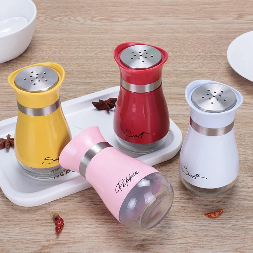 Cute Salt And Pepper Stainless Steel Glass Bottom Spice Dispenser Sea Salt Sugar Refillable Pepper Seasoning Cans Spice Jar