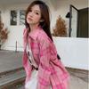 Retro Pink Plaid Shirt Women's Spring and Autumn New Hong Kong Style Design Sense Niche Top Versatile Loose Long-sleeved Shirt