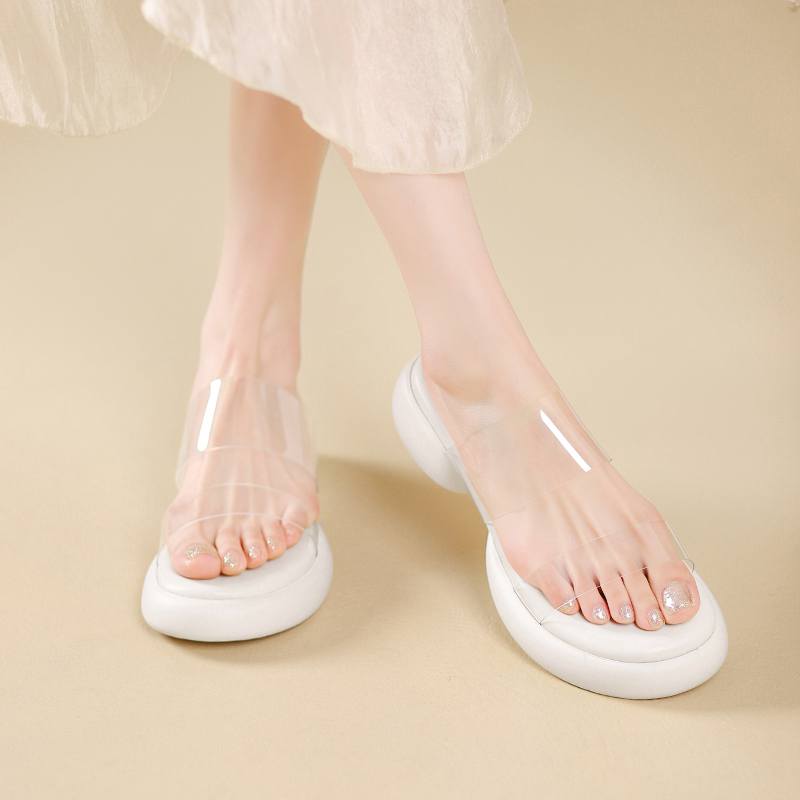 Krazing Pot Mules Natural Leather PVC Peep Toe Thick Heels Summer Shoes Size 42 Platform Women Sandals