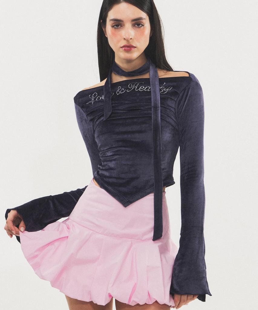 RAWMANTICS Shine Velvet Drape Cubic Scarf Top Navy