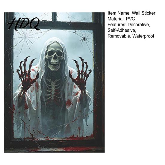 Creepy Window Posters Skeleton Frame Wall Sticker for Halloween Horror Decoration, Reusable Art Decor 3D Scary Stickers with Spider Web Design,