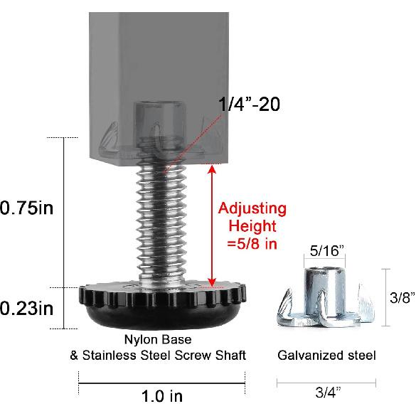 Anwenk Stainless Steel Patio Furniture Leveling Feet 1/4-20 Screw In Threaded Outdoor Furniture Levelers Adjustable Table Chair Levelers Feet Glides