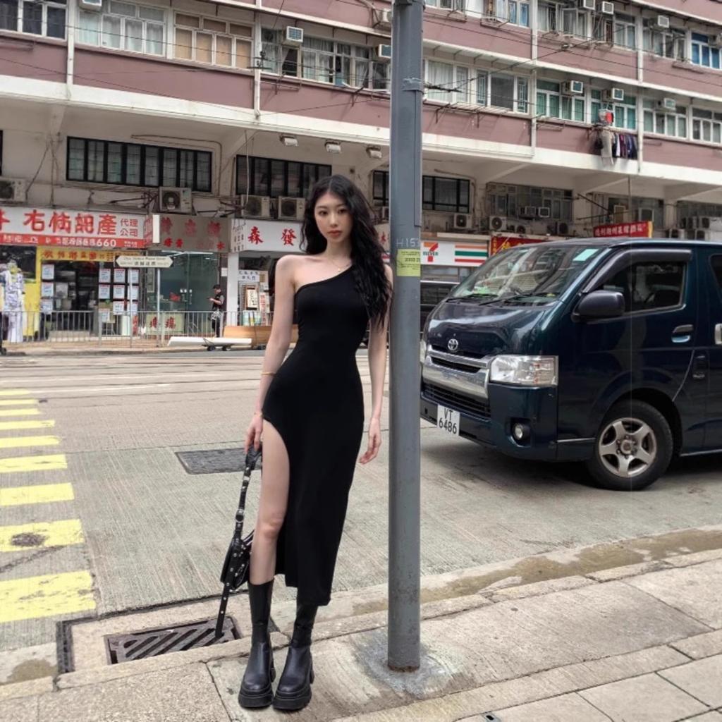 Black Spice Girl Split Medium and Long Dress One Shoulder Sleeveless Vest Dress Women's Summer Sex Waist Hip Wrap Skirt