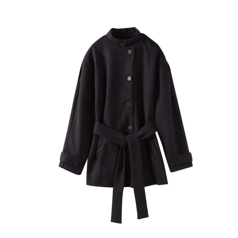 

Женское зимнее теплое шерстяное пальто со шнуровкой в винтажном стиле, модное однобортное пальто в стиле ретро с воротником-стойкой M чёрный