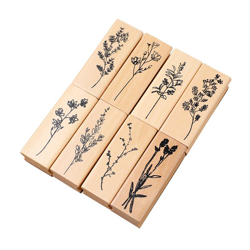 Exquisite Wooden Flowers and Plants Set Seals and Creative Fresh Plants for DIY Handbooks Diary Photo Album Decoration