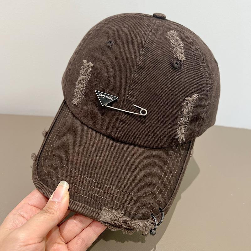 Fashion Washed Polished Hole Soft Top Baseball Cap Children Metal Pin Trendy Big Head Circumference Peaked Cap Men