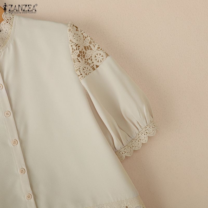 ZANZEA Women Stand Collar Casual Lace Crochet Splice Half Sleeve Blouse