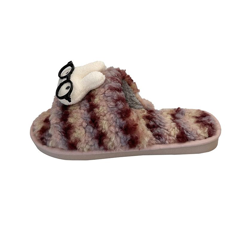 Cute cartoon bunny leopard print fluffy shoes for women's 2025 autumn and winter new models, warm and comfortable one-word cotton slippers