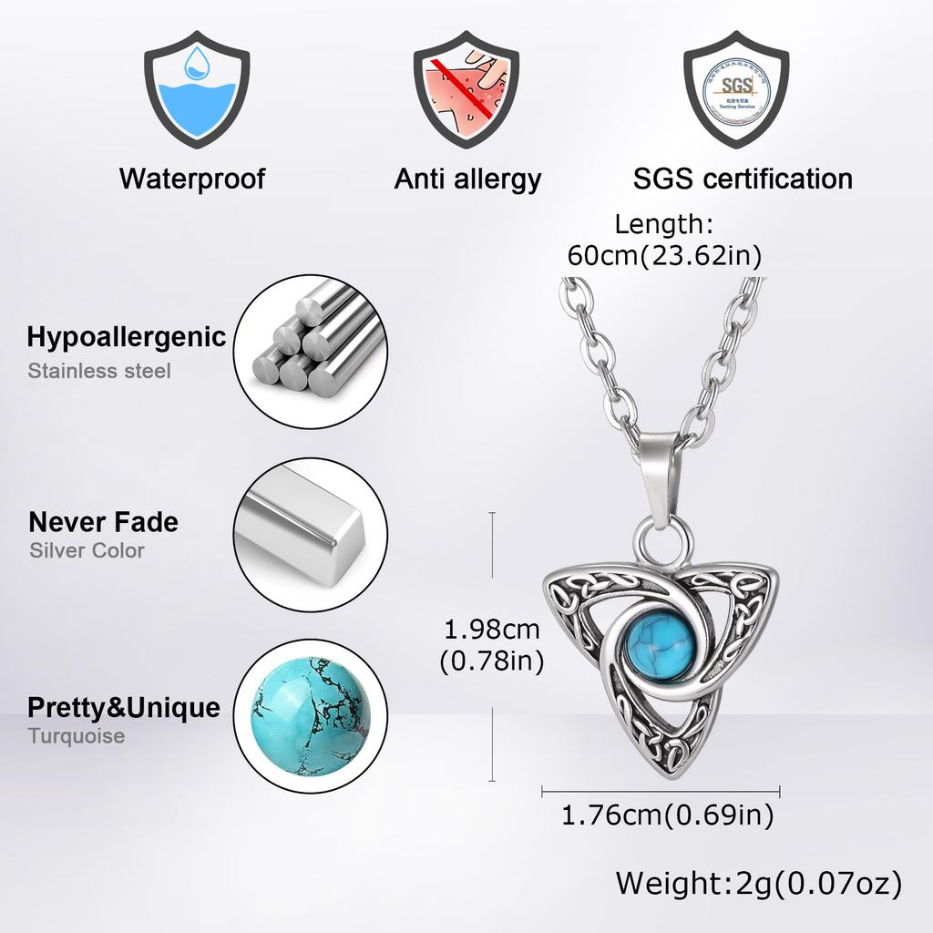 Vnox Turquoise Stone Celtic Knot Pendant Necklaces for Men Women, Stainless Steel Silver Color 50cm 60cm O-chain Jewelry Gifts