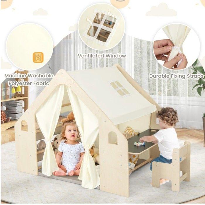 Maison de jeu en bois 6 en 1 - GINGER HOME - Tente, Table, Chaise, Tableau noir - Montessori - Dès 2 ans