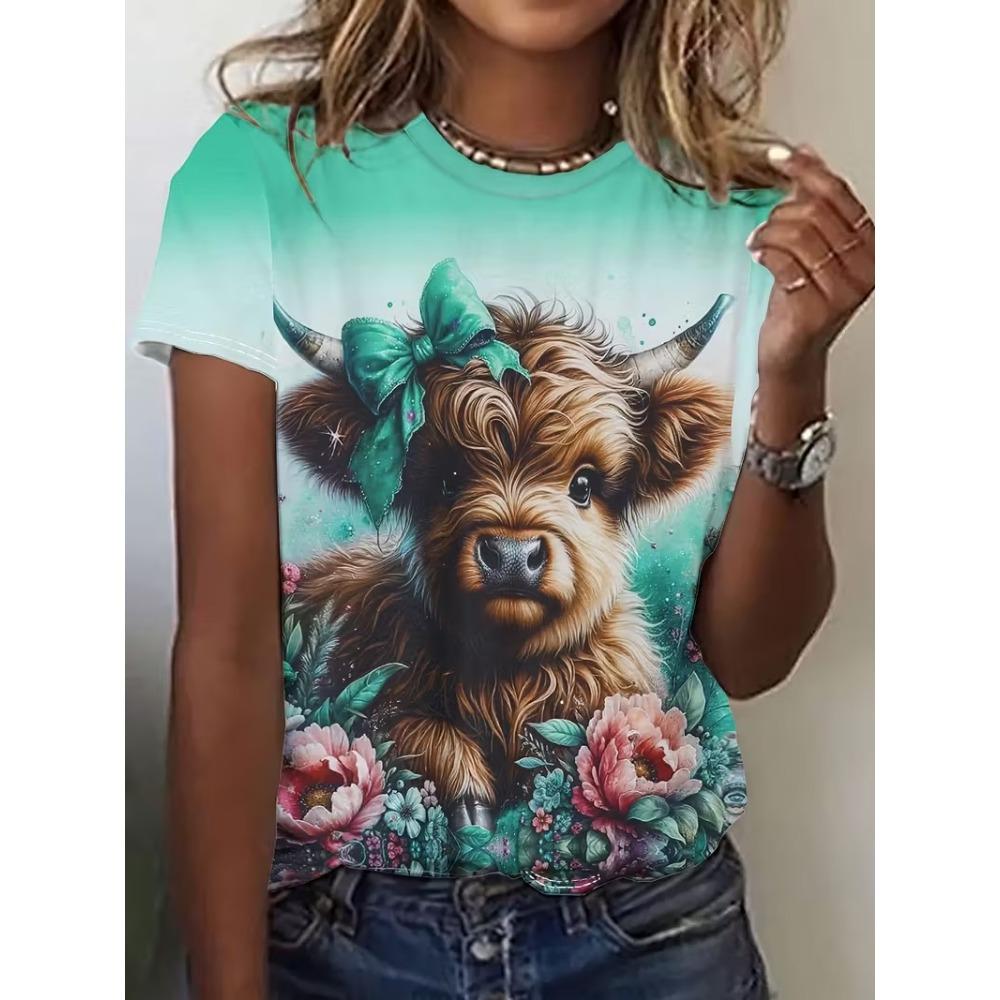 New Women's Kawaii Animal Pattern Printed T-shirt Casual Short-sleeved Round Neck T-shirt Cat Goat Anime Tops Clothing