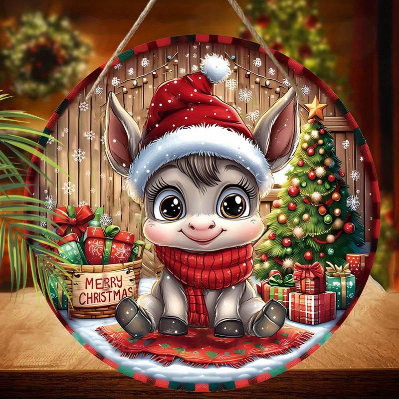 Christmas Cute Donkey Merry Christmas Round Wooden Hanging Sign, 2D Flat Printed Wall Door Ornament, Xmas Home Porch Holiday Decor Gift