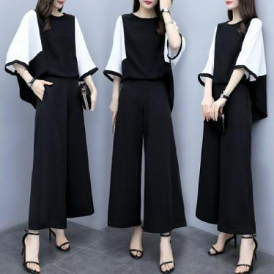 Women's Spring/Summer Two-Piece Set: Loose Spliced Top & Wide-Leg Pants Casual Fashion