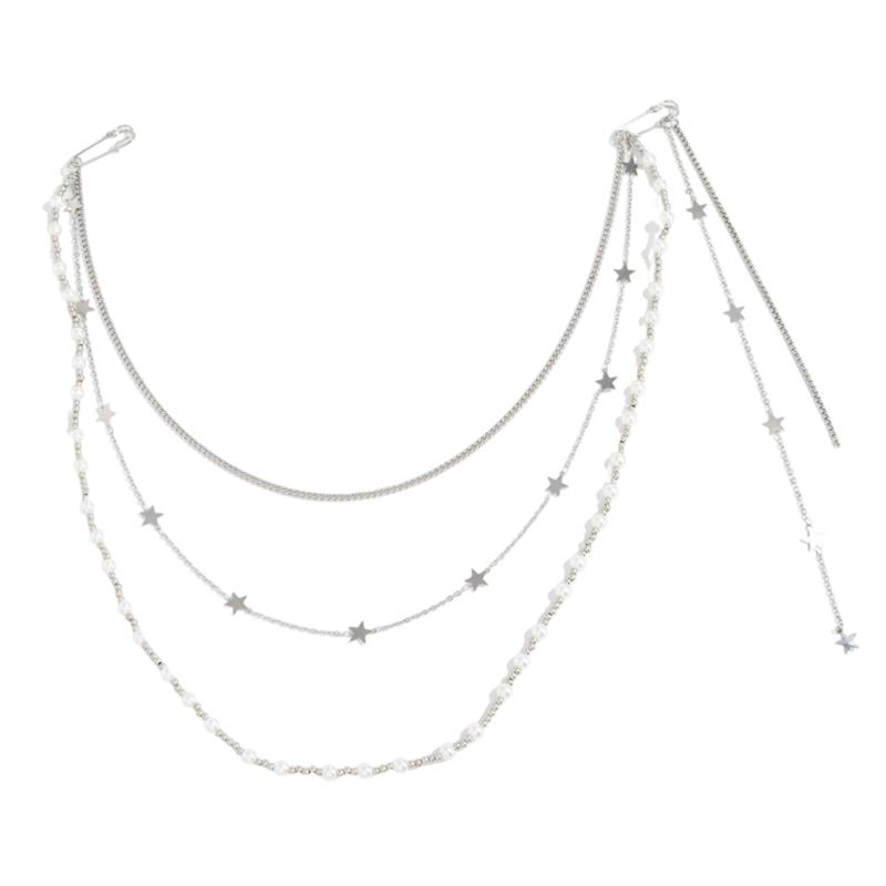 Clip On Waist Chain Accessory with Layered Pearls Look Draped Chains, Decorative Outfit Accent for Party and Festival Wear