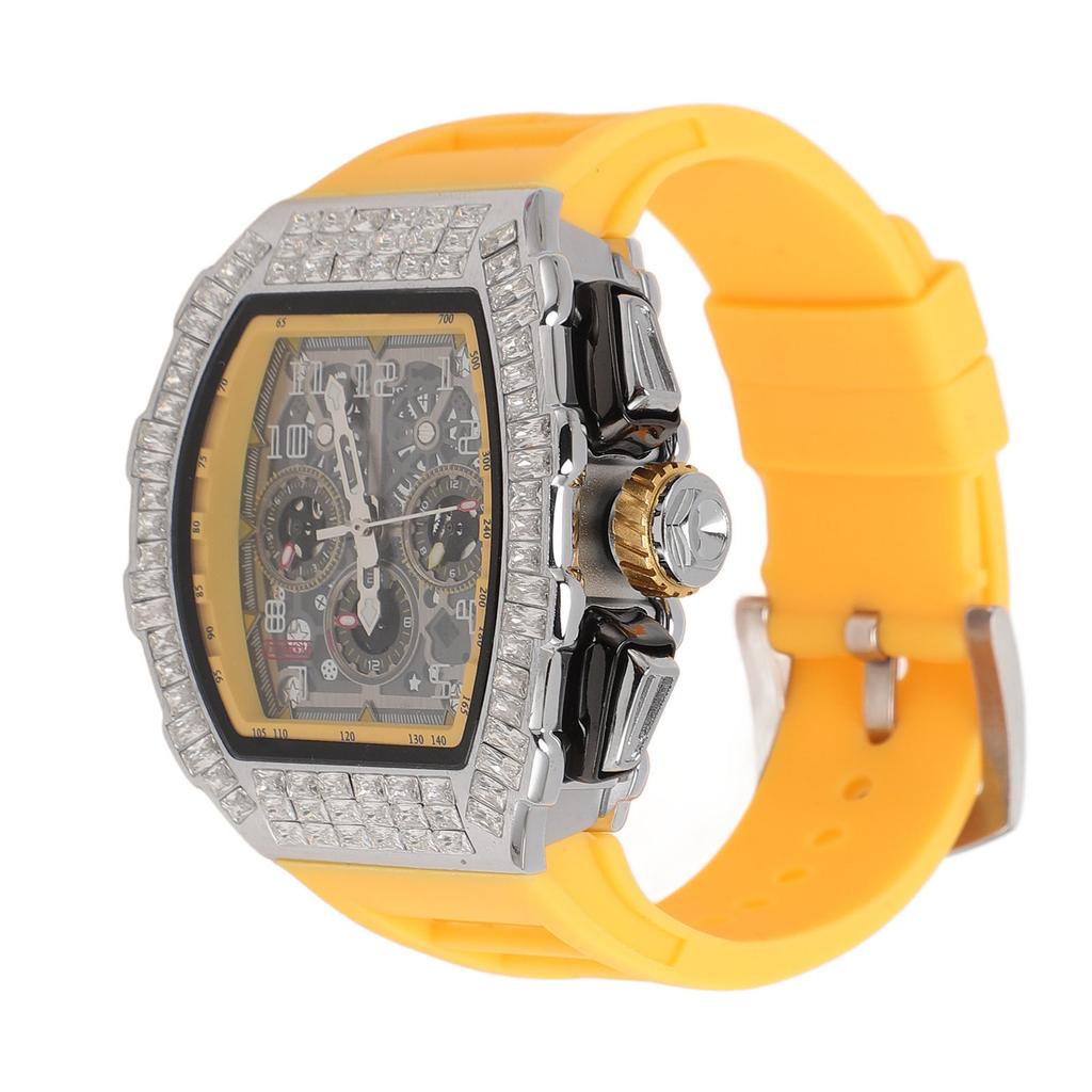 Men Mechanical Watch 30M Waterproof Dial Hollow Automatic Mechanical Wrist Watch with Silicone Strap Silver Yellow