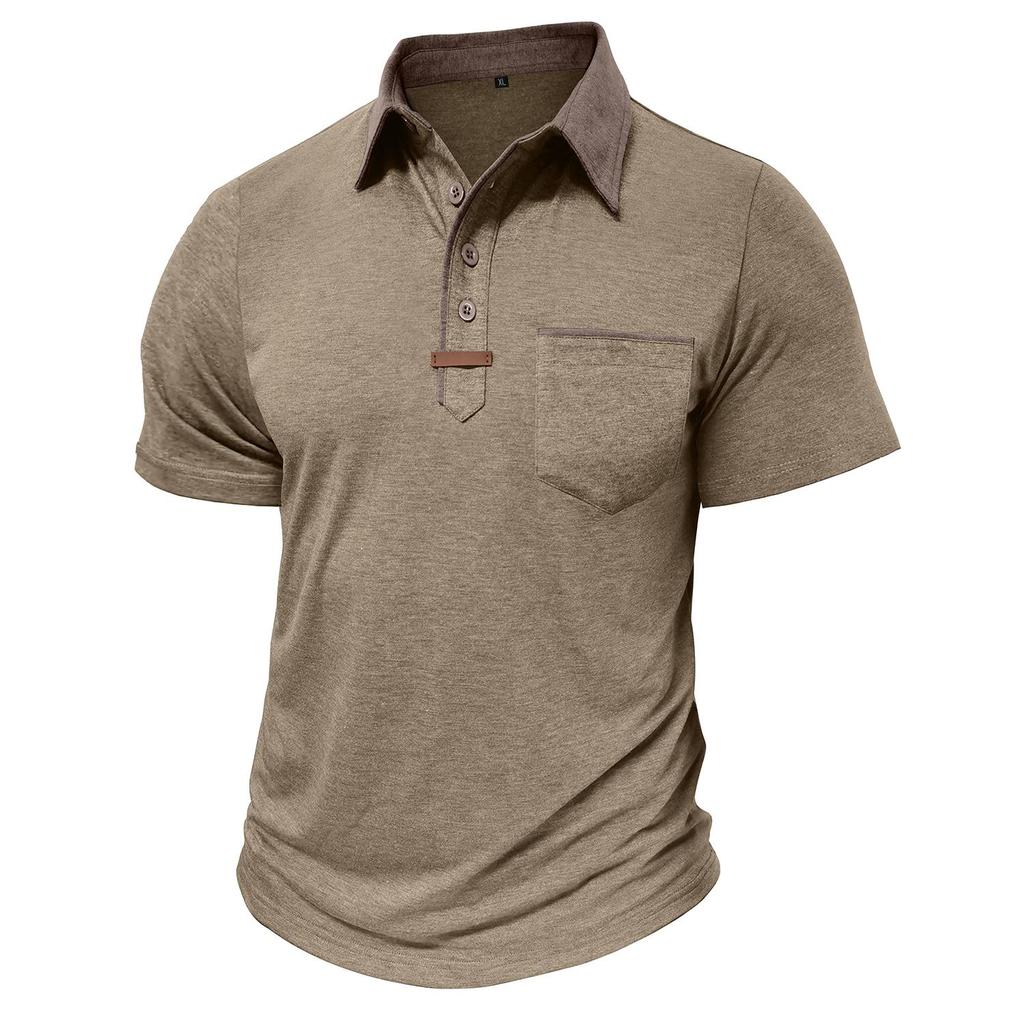 Men’s Short Sleeves T-shirts Lapel Collar Color Block Polo Shirts Chest Pocket Summer Tops Casual Wear