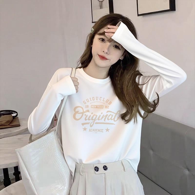 

Women s Long Sleeve Oversized White Cotton Tee - Spring/Autumn Casual Round Neck Slimming Top XXXL